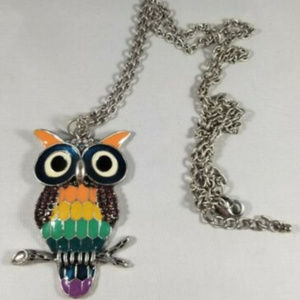 Owl Multi Color Rhinestone Metal Enamel Necklace